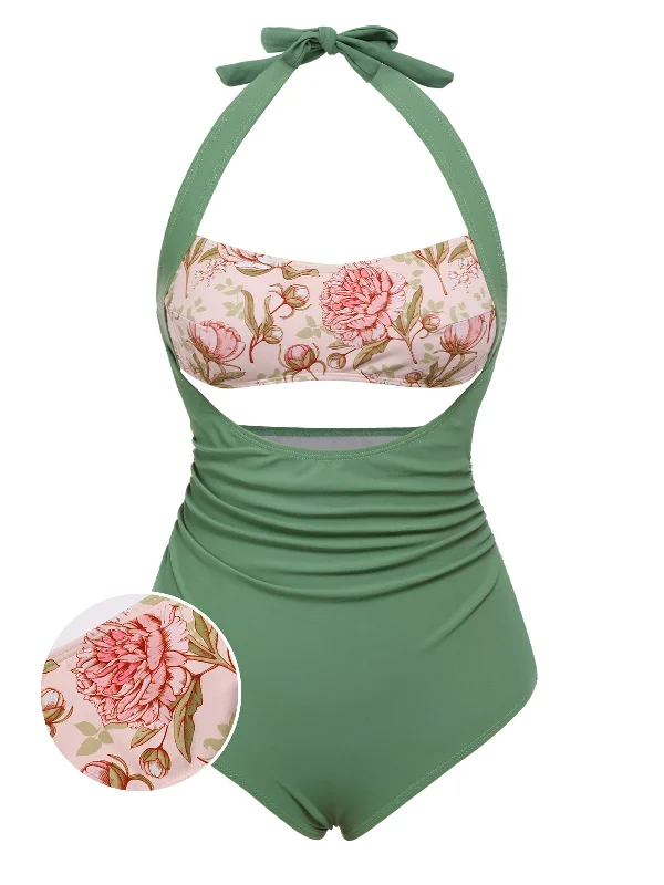 Limited Time Green 1930s Peony Halter One-Piece Swimsuit