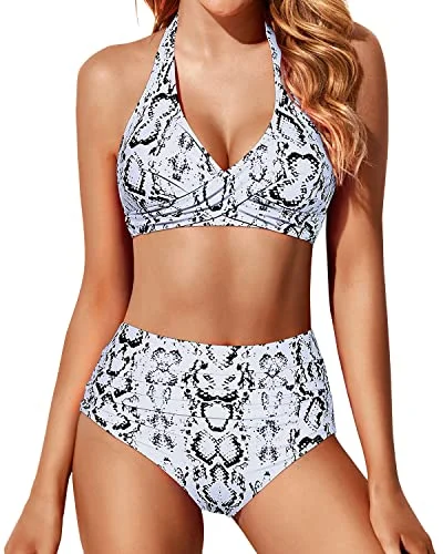 Huge Savings On Parisian Styles Halter Top Swimsuit With Ruched Tummy Control High Waisted Bikini Set-Snake Print