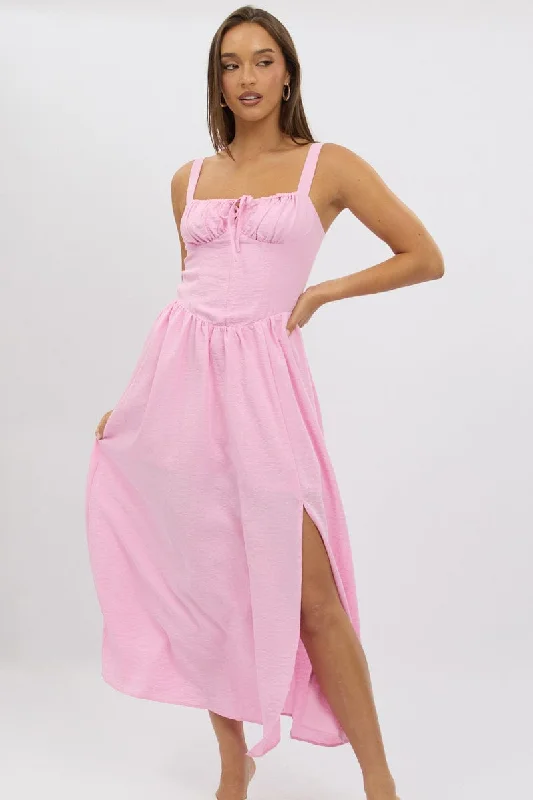 Beat The Heat In Tropical Styles Pink Midi Dress Gathering Bust Corset Detail