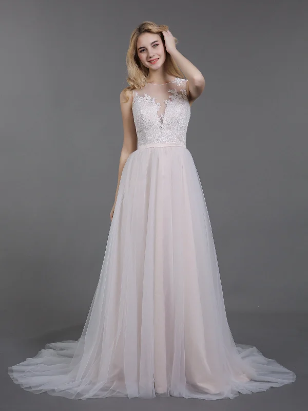 Elegant Fashion Lace and Tulle Wedding Dress with Button Back-Champagne