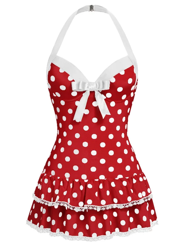 Crazy Price Slashing Red 1940s Polka Dots Halter One-Piece Swimsuit