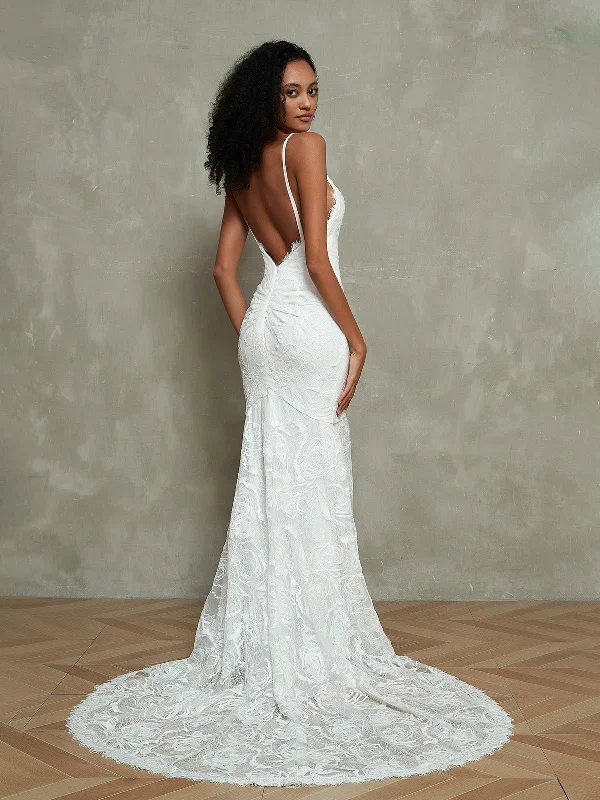 Chic Outfits Spaghetti Straps Mermaid Boho Lace Beach Wedding Dresses-Ivory