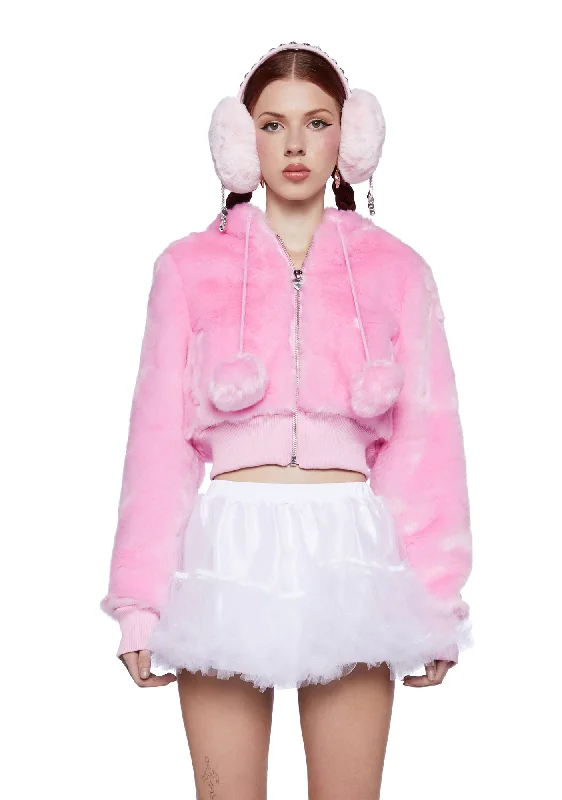 Vintage Elegance Candy Blossom Faux Fur Hoodie - Pink