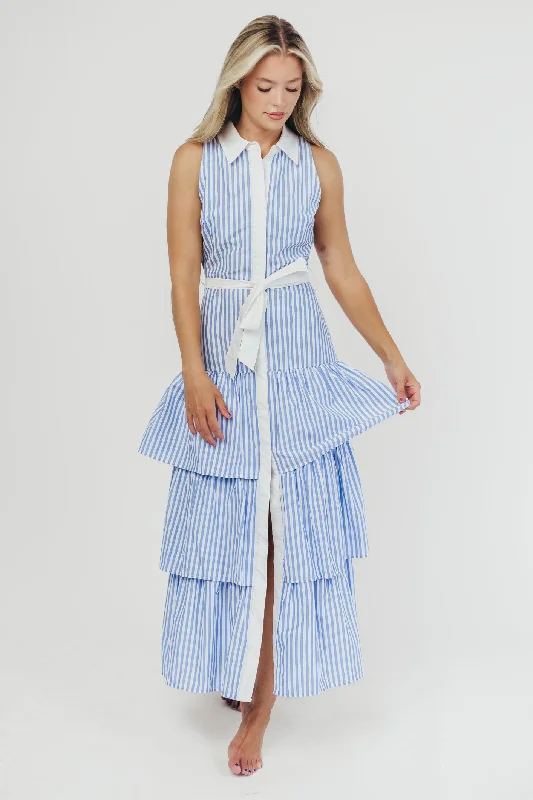 Absurdly Cheap Sale Sutton Striped Button-Down Maxi Dress with Ruffled Skirt in Blue/White