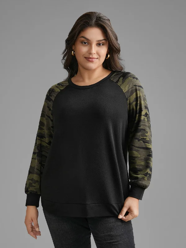 Casual Fashion Camouflage Patchwork Raglan Sleeve Sweatshirt