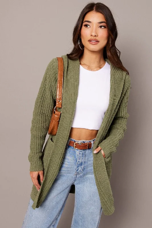 Casual Chic Clothing Green Knit Cardigan Hooded Longline Chenille