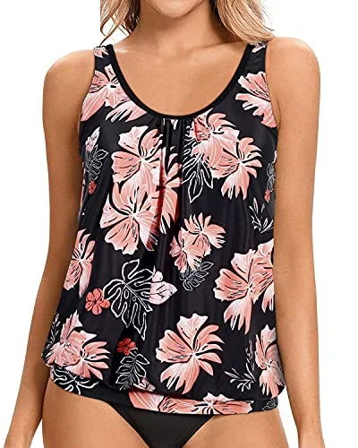 New Season Fashion Preview Sale Modest Scoop Neck Tankini Top Soft Bra Padding For Women Swimwear-Black Orange Floral