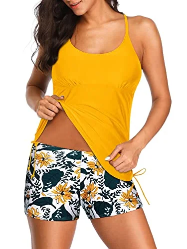 Exclusive Discounts Drawstring Tie Side Cute Tankini Swimsuits For Women Boyleg Bottom-Yellow Floral