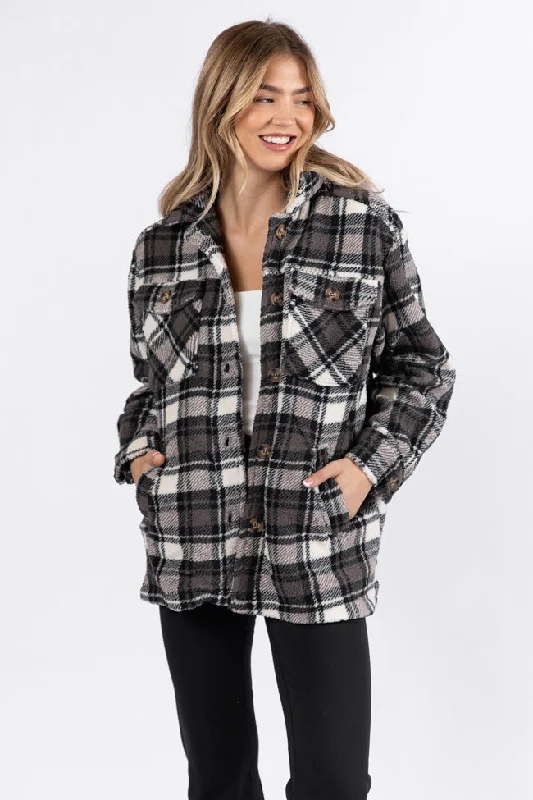 Trendy Threads Through The Leaves Black Plaid Sherpa Shacket FINAL SALE