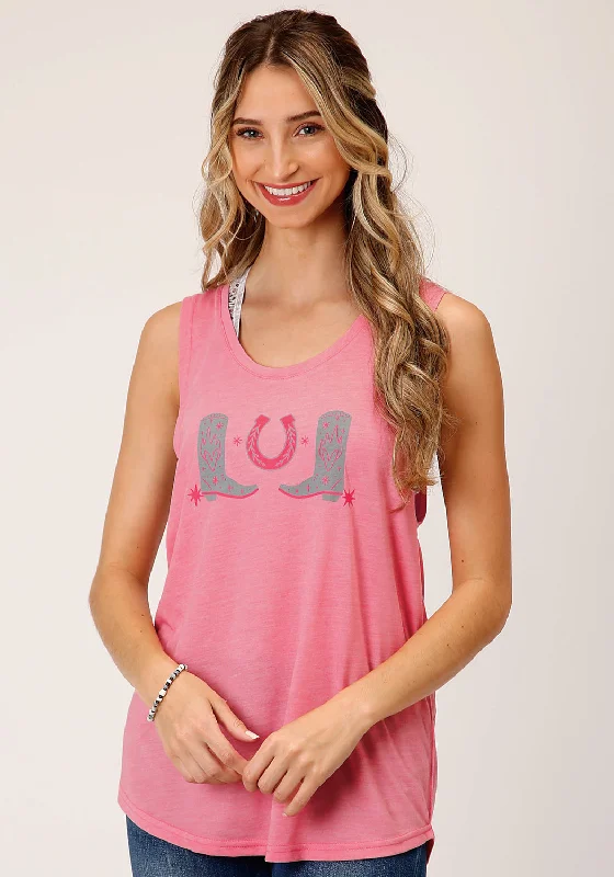 Classic Women's Fashion Roper Womens Horseshoes and Boots Pink Poly/Rayon S/L Tank Top