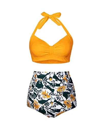 Effortless Chic Apparel Ruched Twist 50S Style Retro Swimwear High Waisted Bikini Set For Women-Yellow Floral