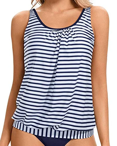 Popular Collection Modest Scoop Neck Blouson Tank Top Women's Tankini Tops Only-Blue And White Stripes