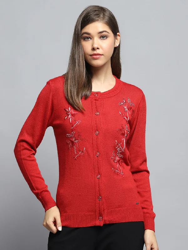 Chic Wardrobe Women Red Self Design Round Neck Full Sleeve Cardigan