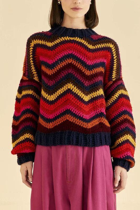 Bold Fashion Colorful Waves Crochet High Neck Sweater