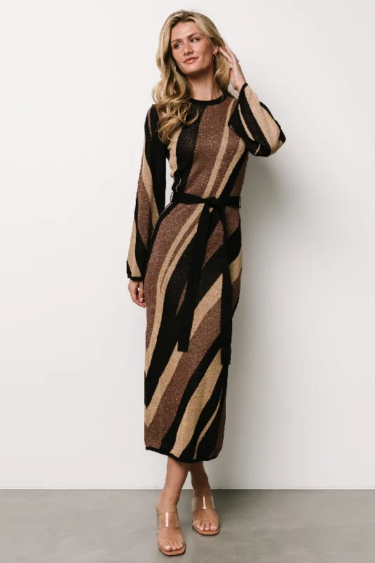 Vibrant Femme Fashion Leigh Sweater Dress | Brown Multi Print