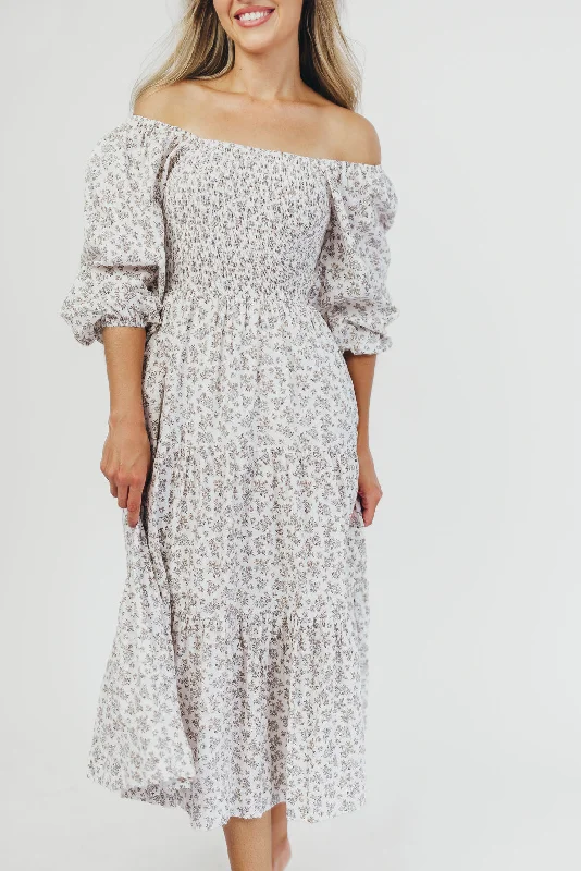 Flash Sale Taylor Cotton Smocked Midi Dress with Tiered Skirt in Off-White (XS-XL)