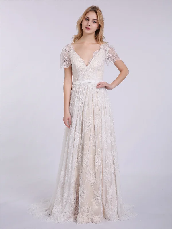 Relaxed Style V-neck Lace Wedding Dress with Short Sleeves-Champagne