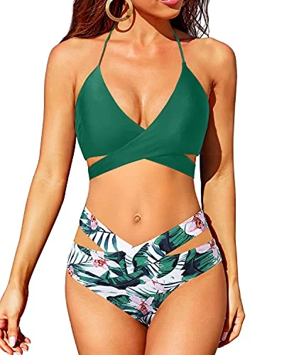 Signature Style Essentials Crossed V Shaped Waist High Leg 2 Piece Bikini Set For Women-Green Tropical Floral