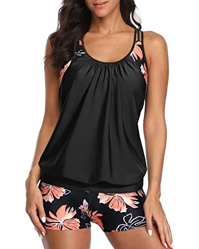 Trendy Clothing Sale Sporty Tummy Control Boyshorts Tankini Swim Top Athletic Two Piece Swimsuits-Black Floral