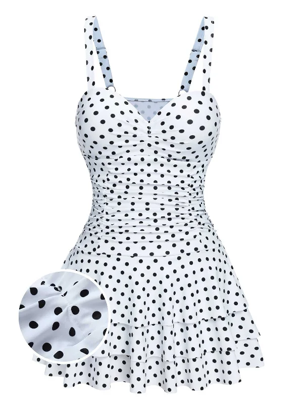 Chic Outfits White 1950s Spaghetti Strap Polka Dots Swimsuit