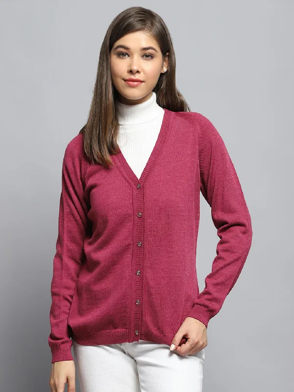 Mid Season Sale Women Rust Solid V Neck Full Sleeve Cardigan