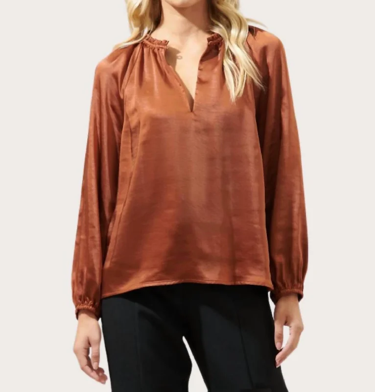 Premium Fabrics Alcazar Raglan Sleeve Satin Blouse In Rust