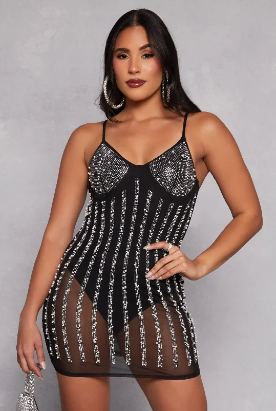 Limited Time Flash Sale Mesh Rhinestone Faux Pearl Bustier Dress