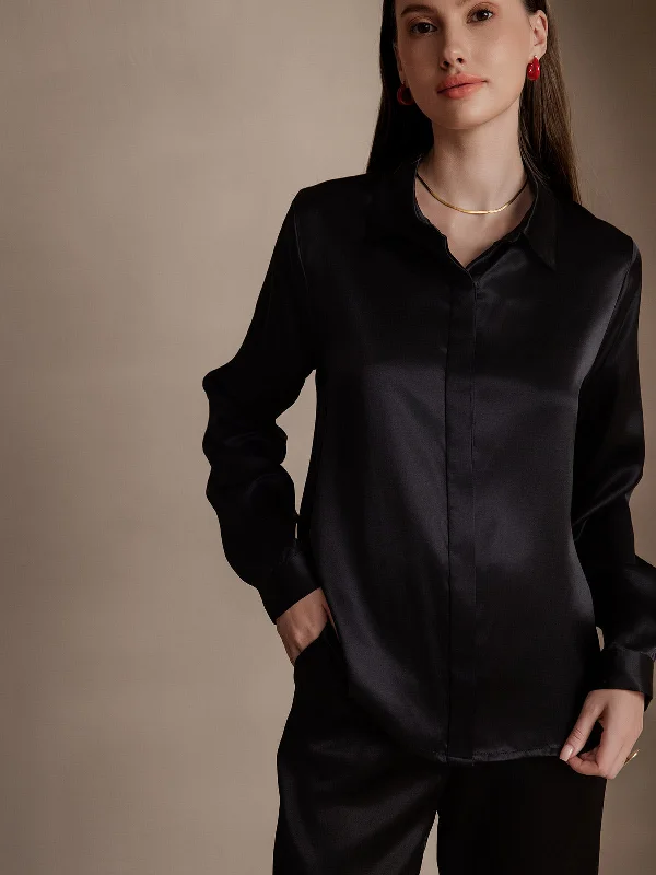 Signature Style Essentials 19 Momme Silk Solid Color Basic Long-Sleeved Shirt