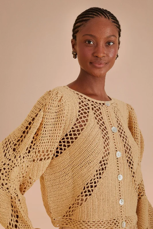 Urban Femme Streetwear Sand Flower Draw Crochet Cardigan