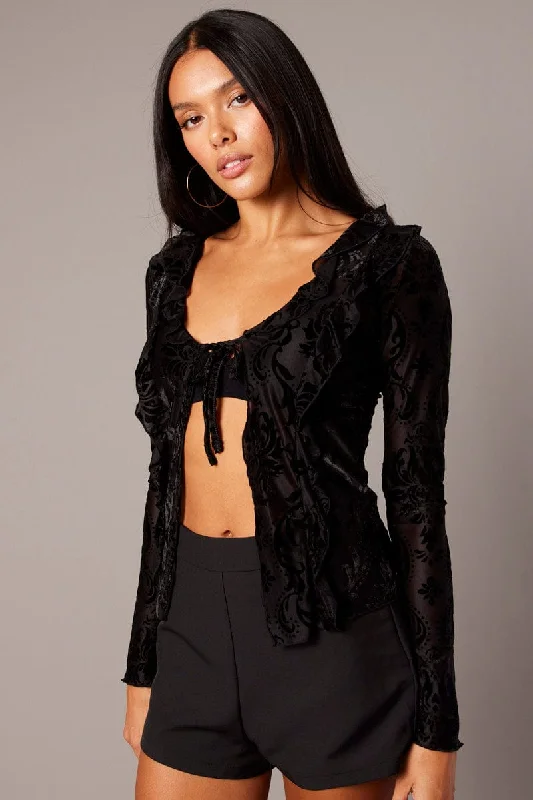 Spring Fashion Black Ruffle Cardigan Long Sleeve