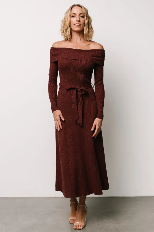 Fashion Forward Rheta Off Shoulder Sweater Dress | Mahogany