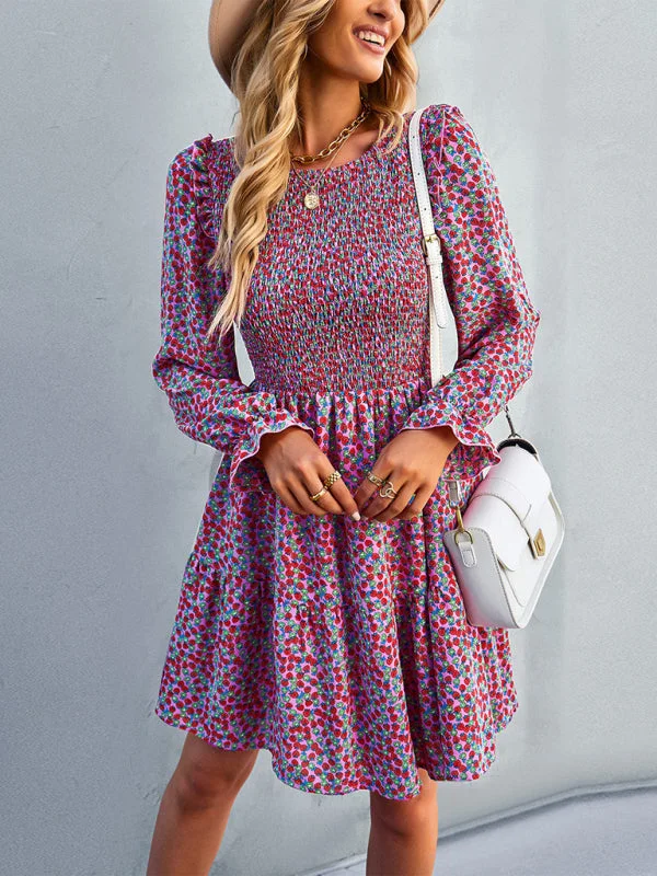 Vibrant Styles Cosybreezee - Spring A-Line Flowered Skirt Round Long-Sleeved Gown - Summer