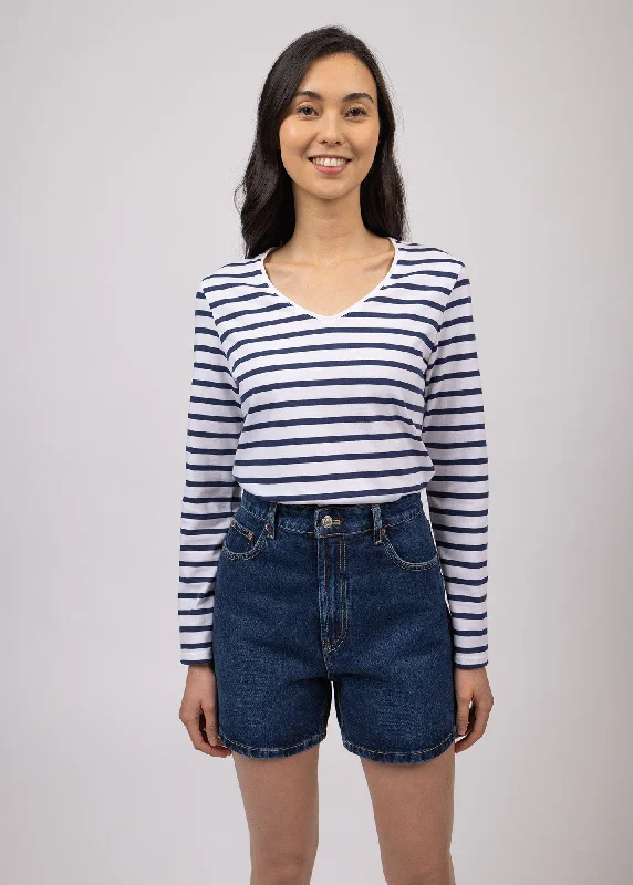 Final Sale Hoedic V neck sailor striped shirt - long sleeves, in cotton (NEIGE/MARINE)