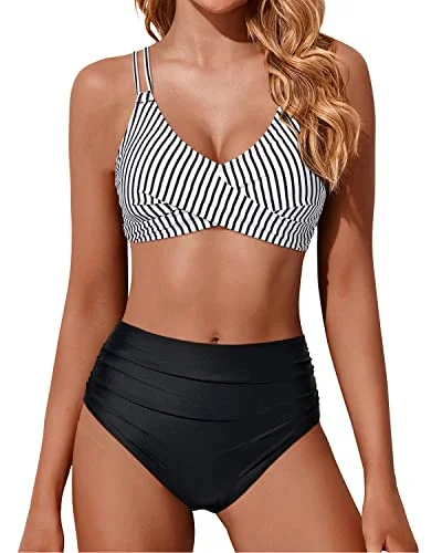 Trendy Aesthetics Women High Waisted Bikini Set Two Piece Swimsuits Push Up Wrap Swim Suits-Black And White Stripe