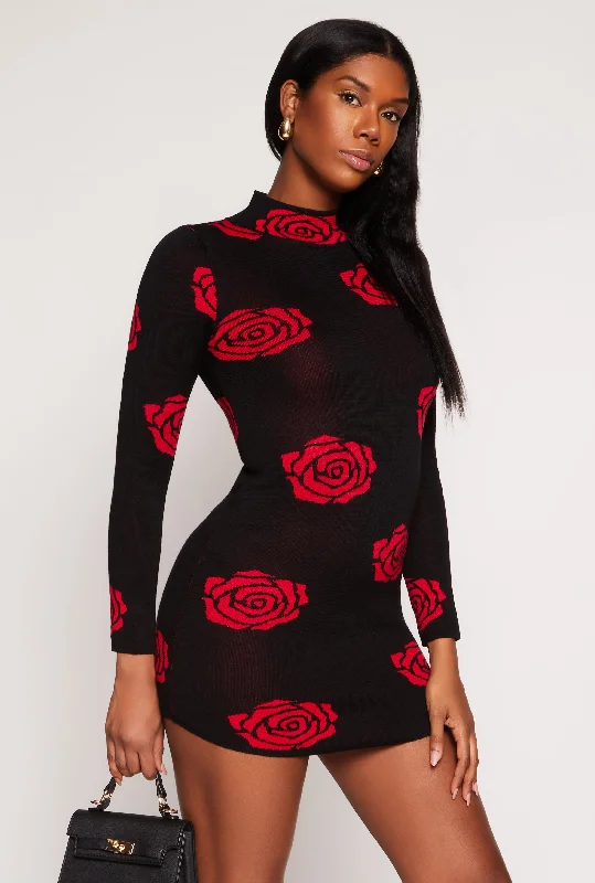 Low Price Special Rose Print Mini Sweater Dress