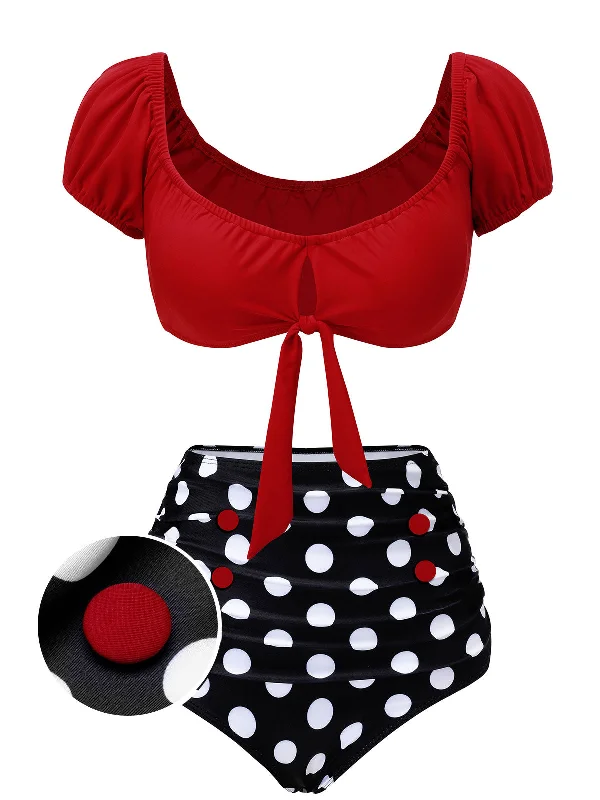 Bold Fashion 1950s Red & Black Polka Dot Halter Swimsuit