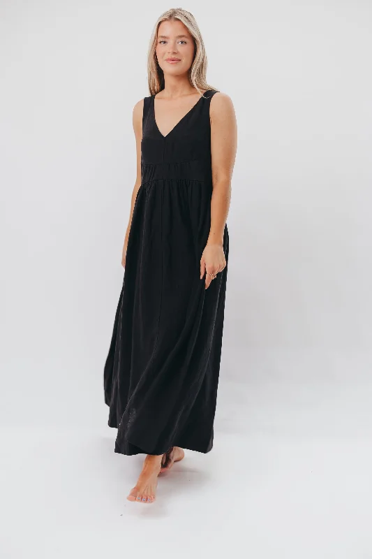 Trendy Street Style Clothing Eleonie 100% Linen Maxi Dress in Black