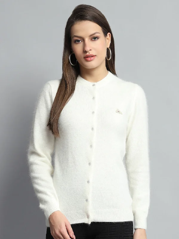 Feminine Flow Women Off White Solid Round Neck Full Sleeve Cardigan