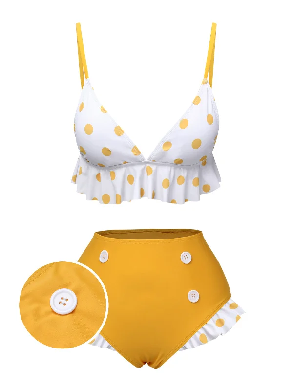 Vibrant Styles Yellow 1940s Polka Dot Ruffle Swimsuit