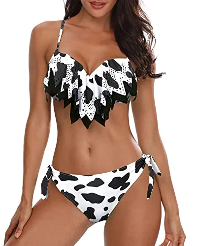 Unbeatable Prices Flattering Sexy Two Piece Swimsuit With High Cut Low Rise Bikini Bottom-Black And White Cow Pattern