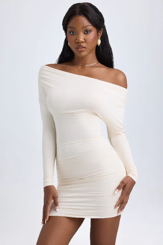 Holiday Glam Modal Off-Shoulder Ruched Mini Dress in Ivory