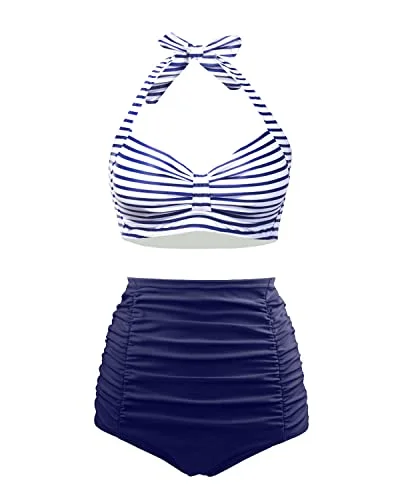 Must Haves Women's Ruched High Waisted Bikini Set Vintage Halter 2 Piece Swimsuit