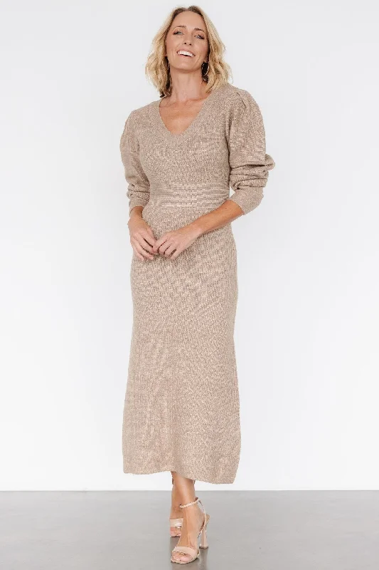 Boutique Styles Lenore V Neck Sweater Dress | Latte