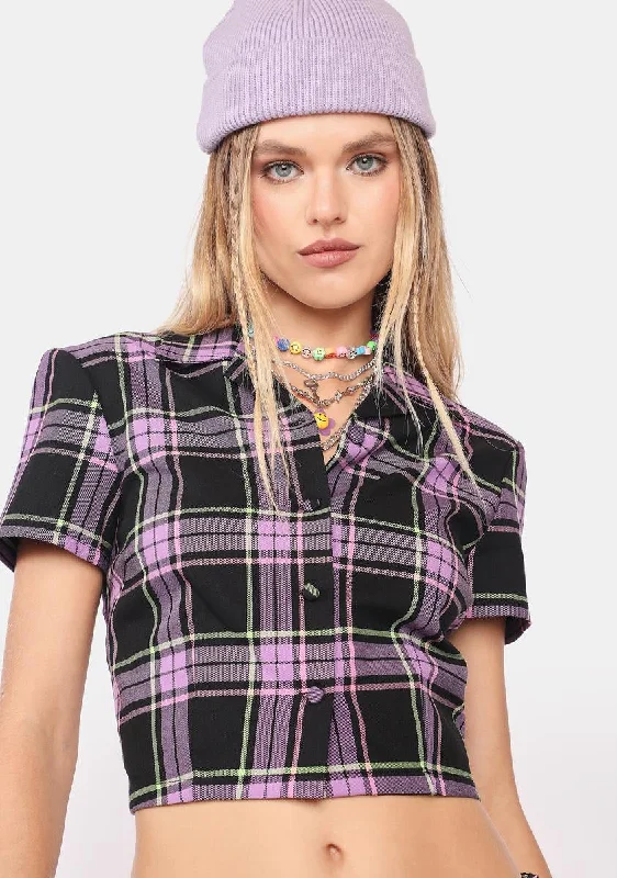 Trendy Attire For Her Bright Tartan Blouse