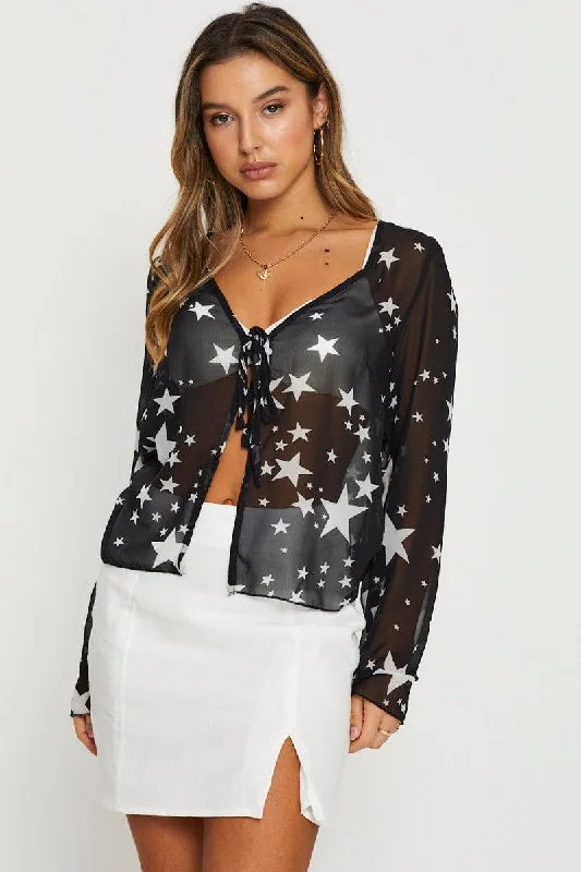 Summer Deals Print Sheer Top Long Sleeve