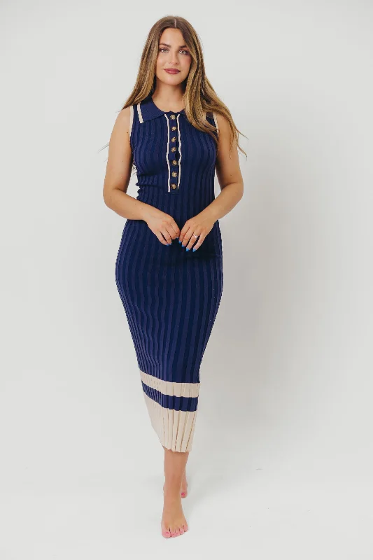 Stay Ahead In Style Jovie Sleeveless Ribbed Maxi Dress with Buttons in Navy