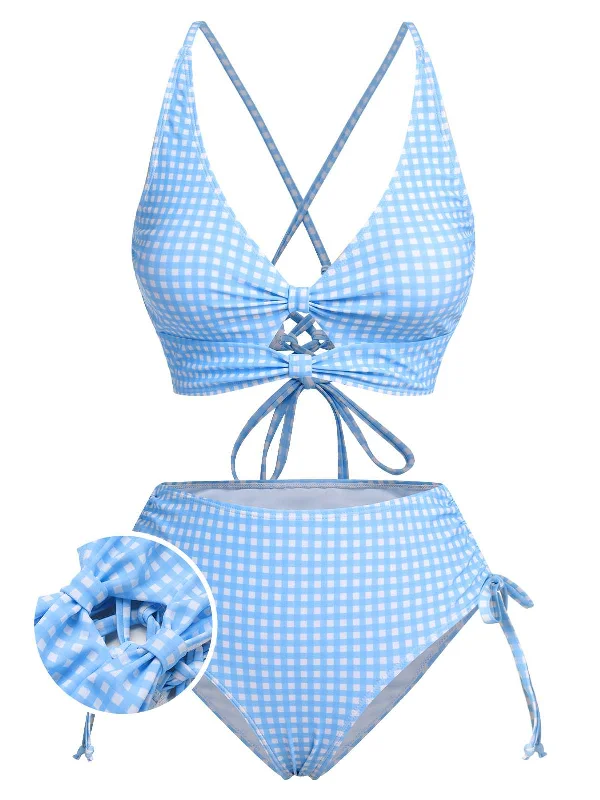 Get The Latest Trends Blue 1950s Spaghetti Strap Plaids Swimsuit