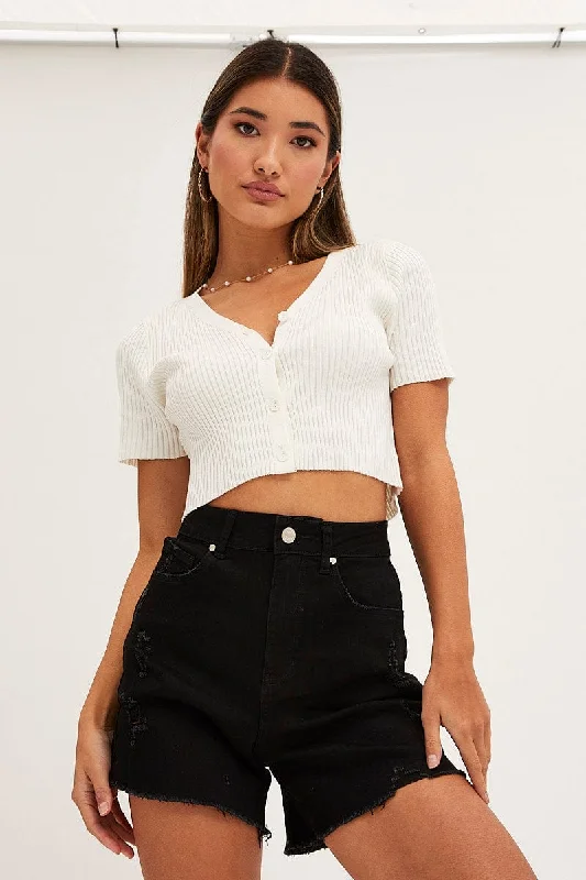 Charming Silhouette White Knit Cardigan Short Sleeve