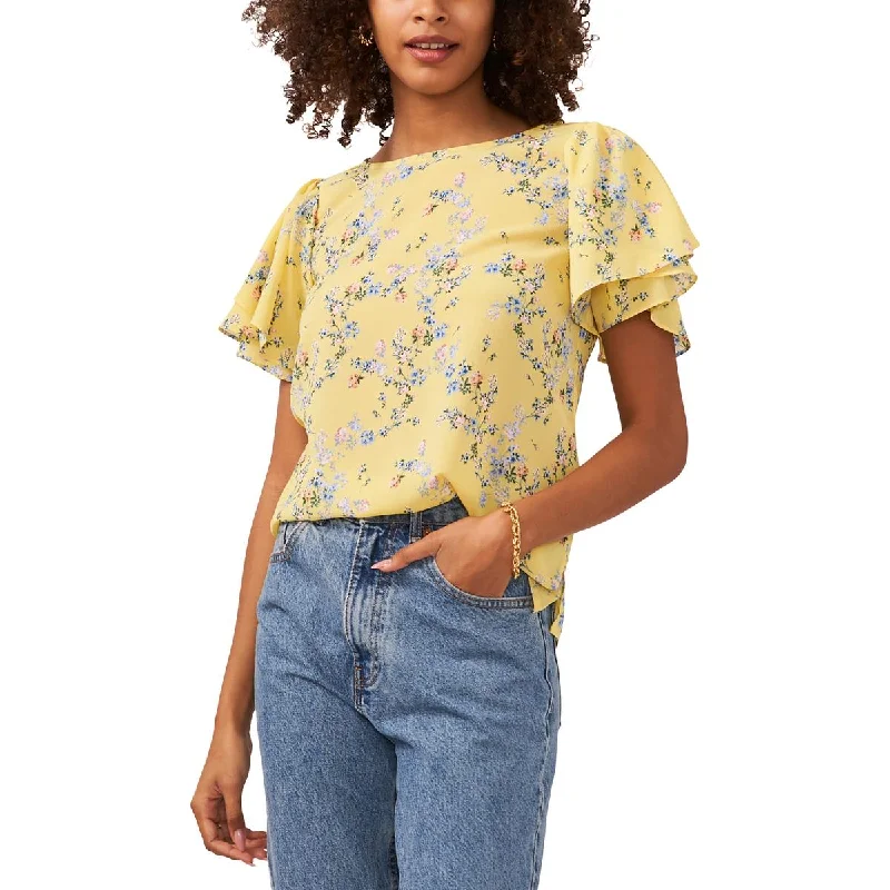 Fashion Deal Womens Floral Print Flutter Sleeve Blouse