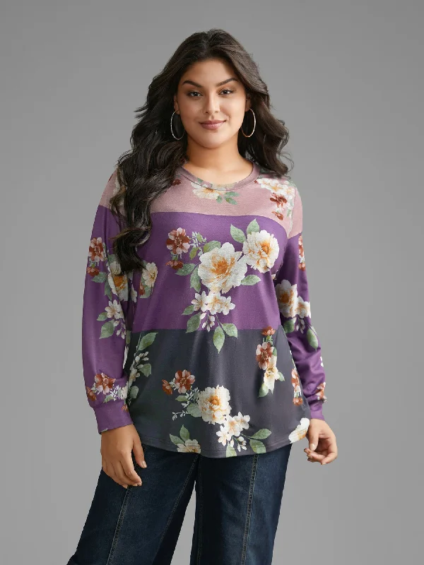 Sophisticated Cut Natural Flowers Contrast Round Neck Sweatshirt